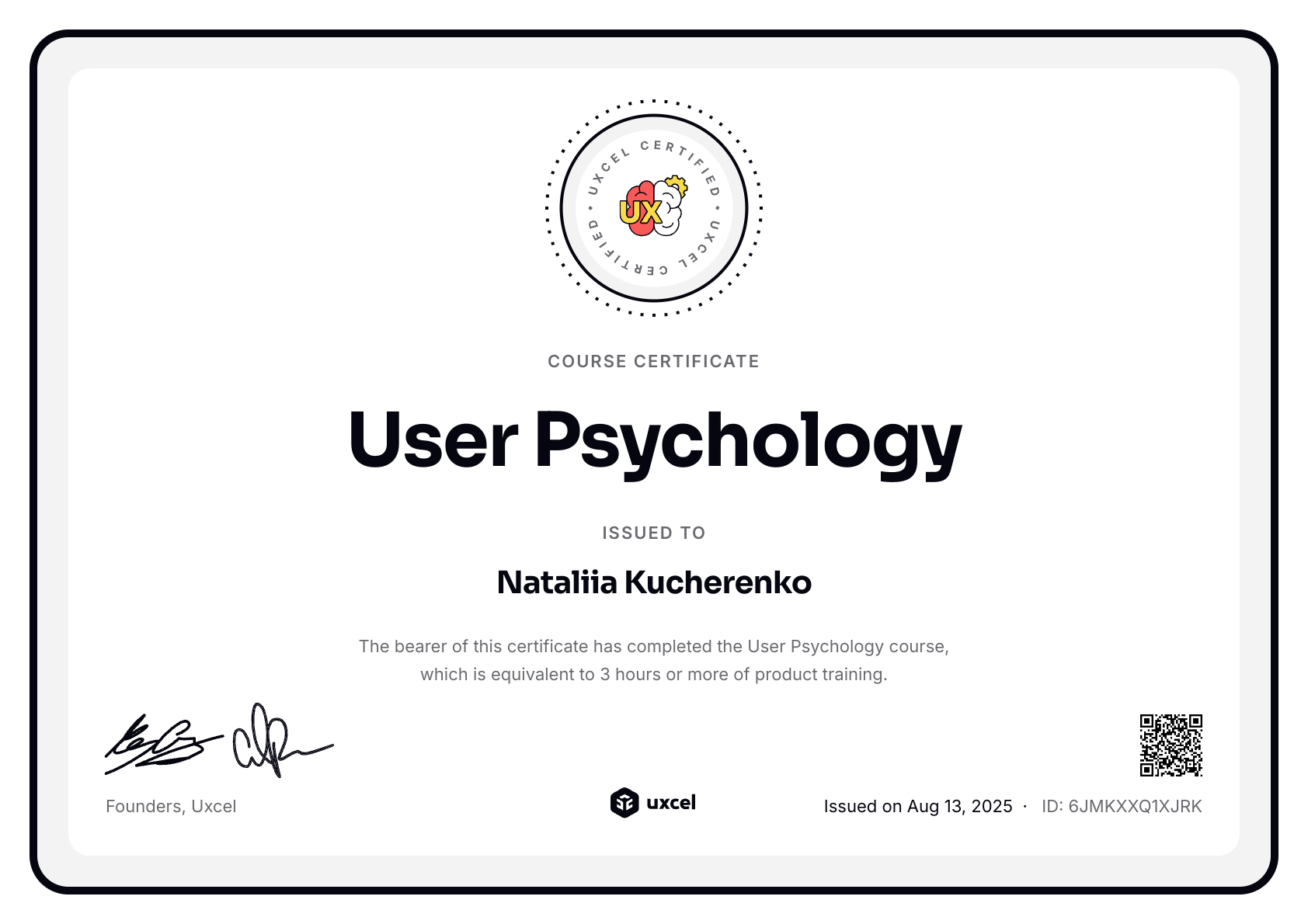 Nataliia Kucherenko's certificate